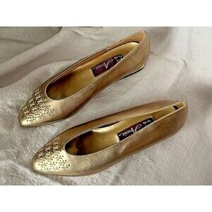 vtg 80 Annie‎ gold slip on loafer block heel pump shoes xoxo metallic retro 7M